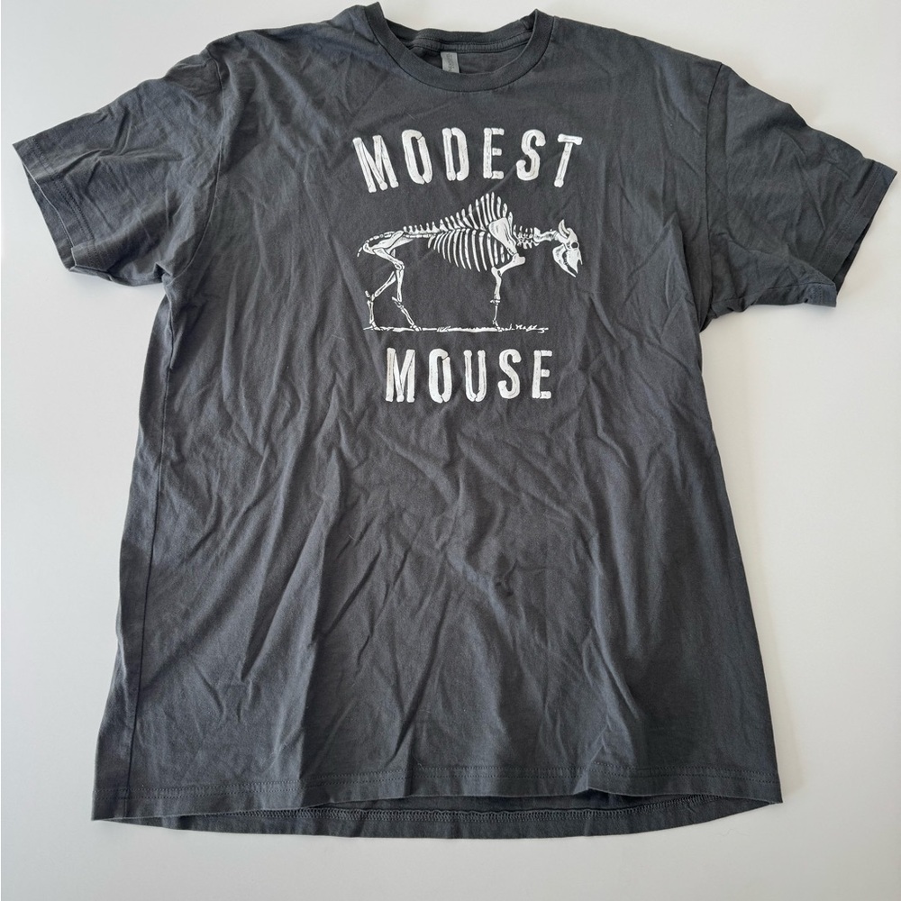 Grey Modest Mouse tour shirt with a bison buffalo skeleton graphic